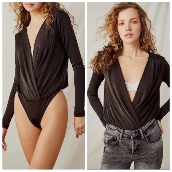 Intimately Free People Brown/Olive Turnt Faux Wrap Long Sleeve Bodysuit SIZE S - Picture 4 of 14